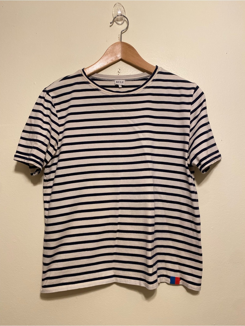 KULE Navy and White Striped Short Sleeve Tee with Red Accent. Size S